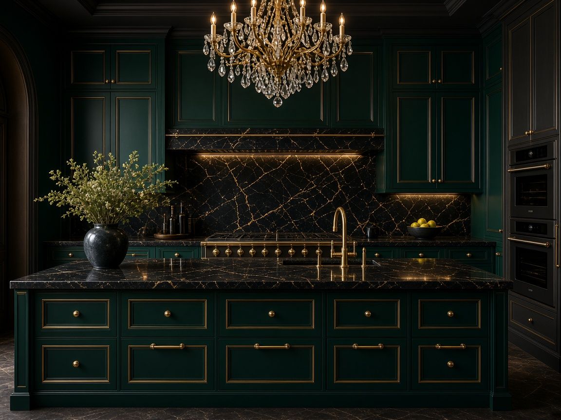 AI concept rendering of emerald green cabinets with gold hardware and black marble